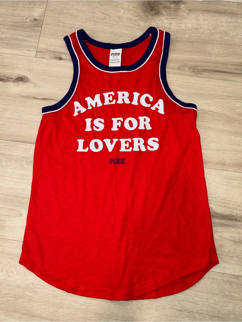 PINK Victoria's Secret Red Tank Top with Navy Trim & White Graphic